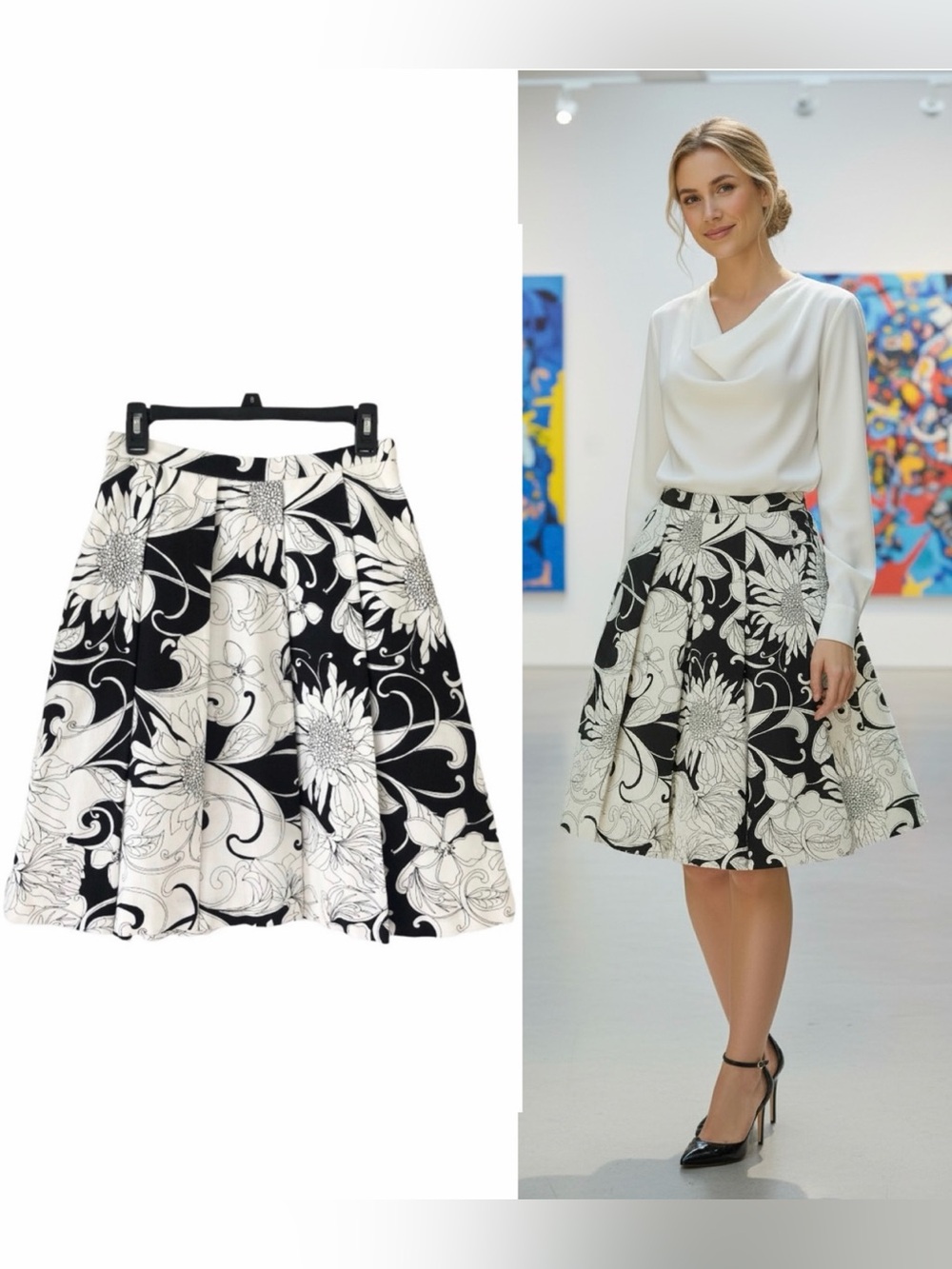 Trina Turk Linen Floral Print Pleated A-Line Couture Women's Skirt MSRP:$398
